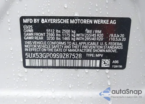 2025 BMW X3 30 xDrive from USA, damaged, VIN 5UX53GP09S9Z87528